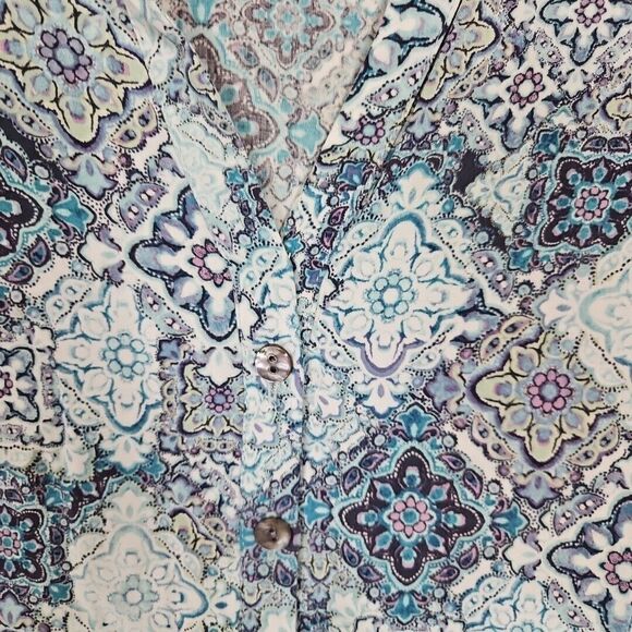 J Jill Blue Geometric Blouse Sz Lg Petite Rayon vneck - Picture 2 of 9